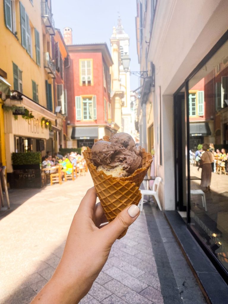 shot of gelato in nice france in the narrow streets