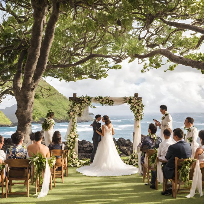 couple getting married with people sitting behind them ocean and mountains behind them 