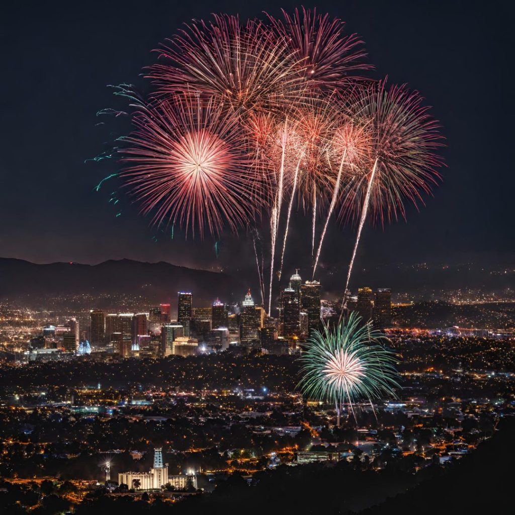 fire works with city and mountains