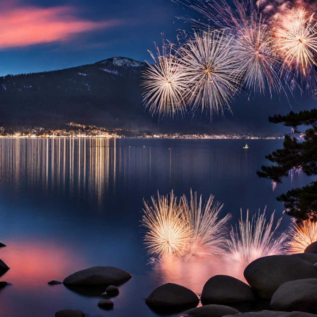 lake tahoe with mountains at night and fire works