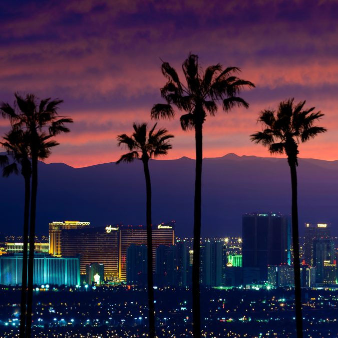 las vegas from a distance with palm trees and buildings Las Vegas dress code for nightclubs