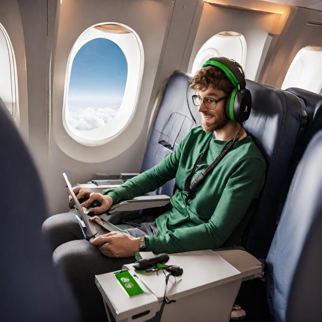 man sitting on a plane playing xbox with window in back ground 
