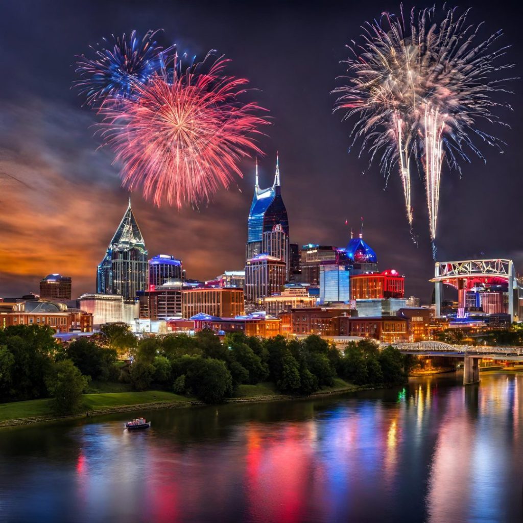 nashville city with a river and fire works