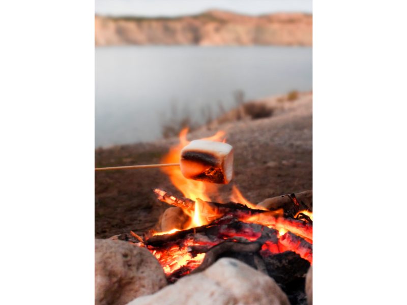 marshmallow being cooked over a campfire with lake in background