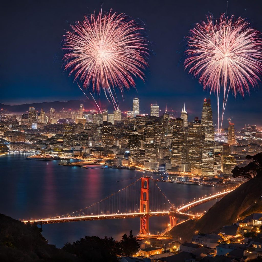san francisco with fire works with lake and buildings
