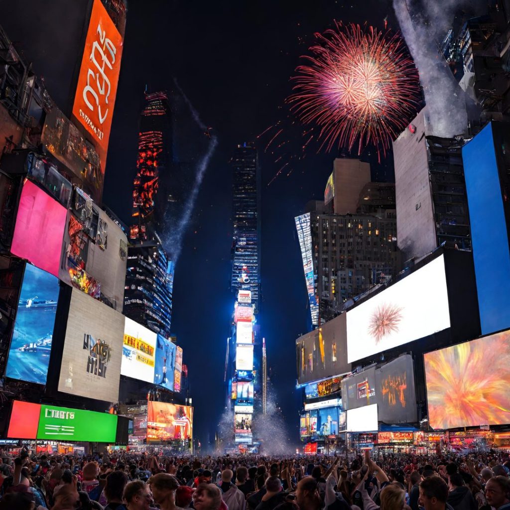 time square with fire works