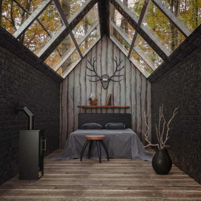 cozy cabin in the woods with antlers on the wall 