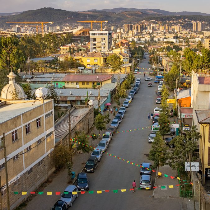 skyline view of ethiopia with cars in the street 
