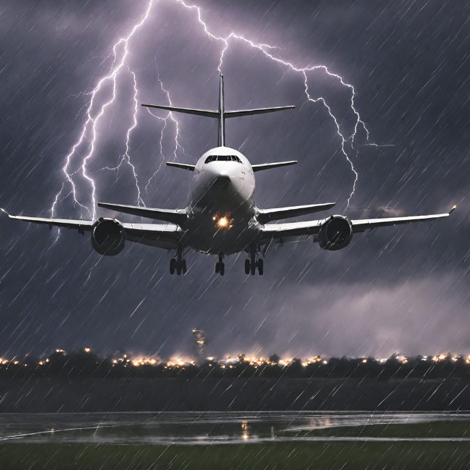 plane landing on a runway with a thunderstorm