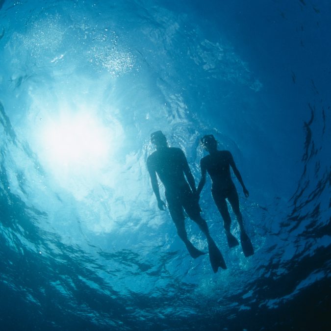 2 people snorkeling while holding hands from below  Snorkel